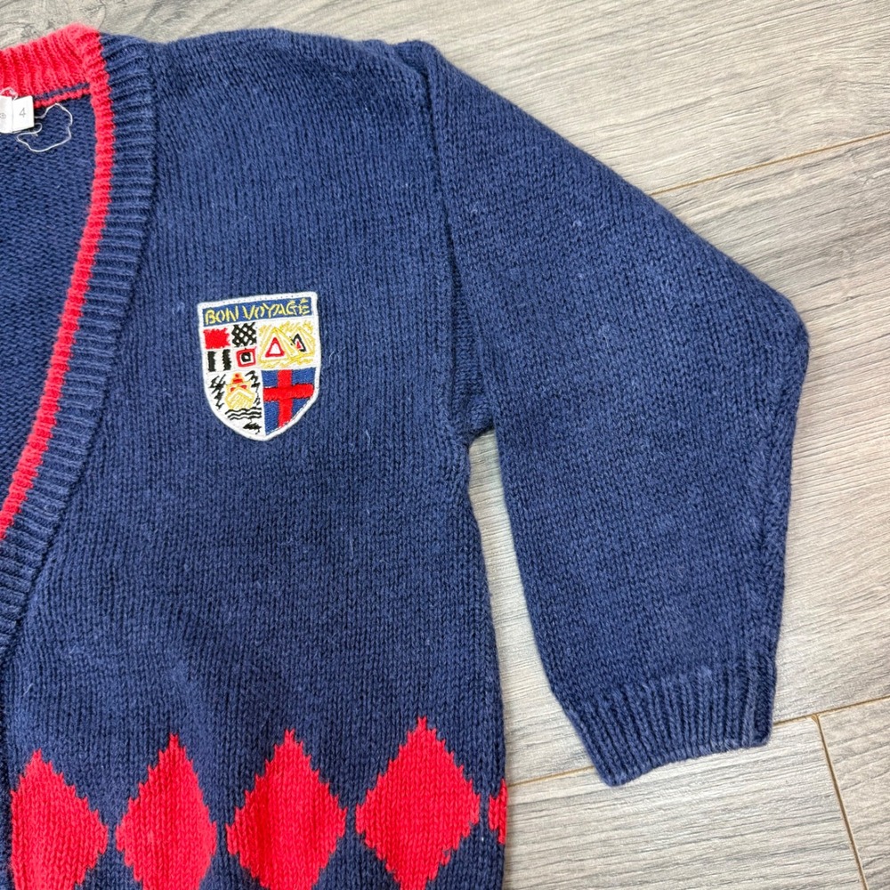 Vintage Kids Navy Argyle Knit Cardigan Red Trim Bon Voyage Crest Patch Size 4 - Picture 5 of 14